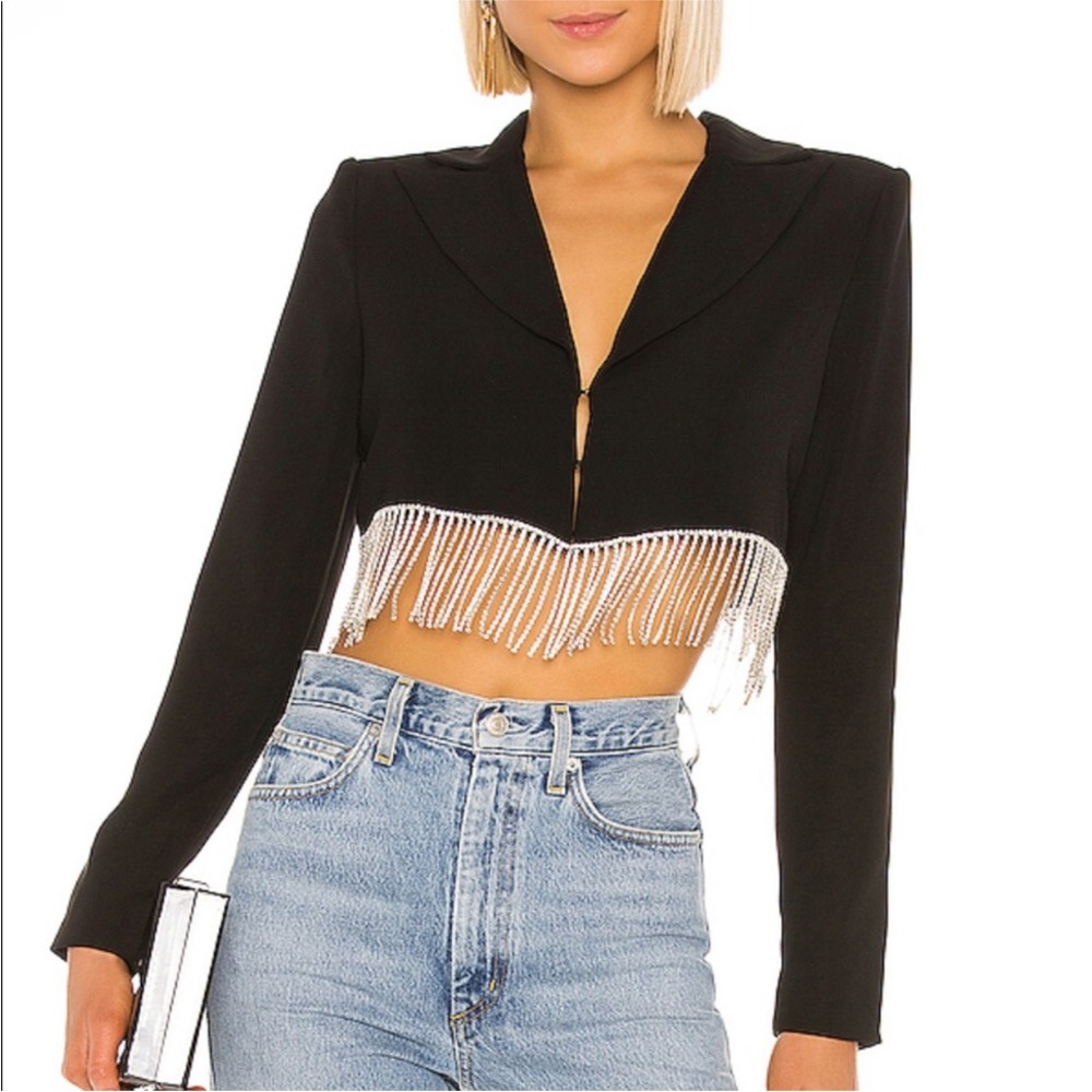 NBD Vance Jacket Cropped Blazer Rhinestone Fringe Hem Sparkle Crystal Black sz M